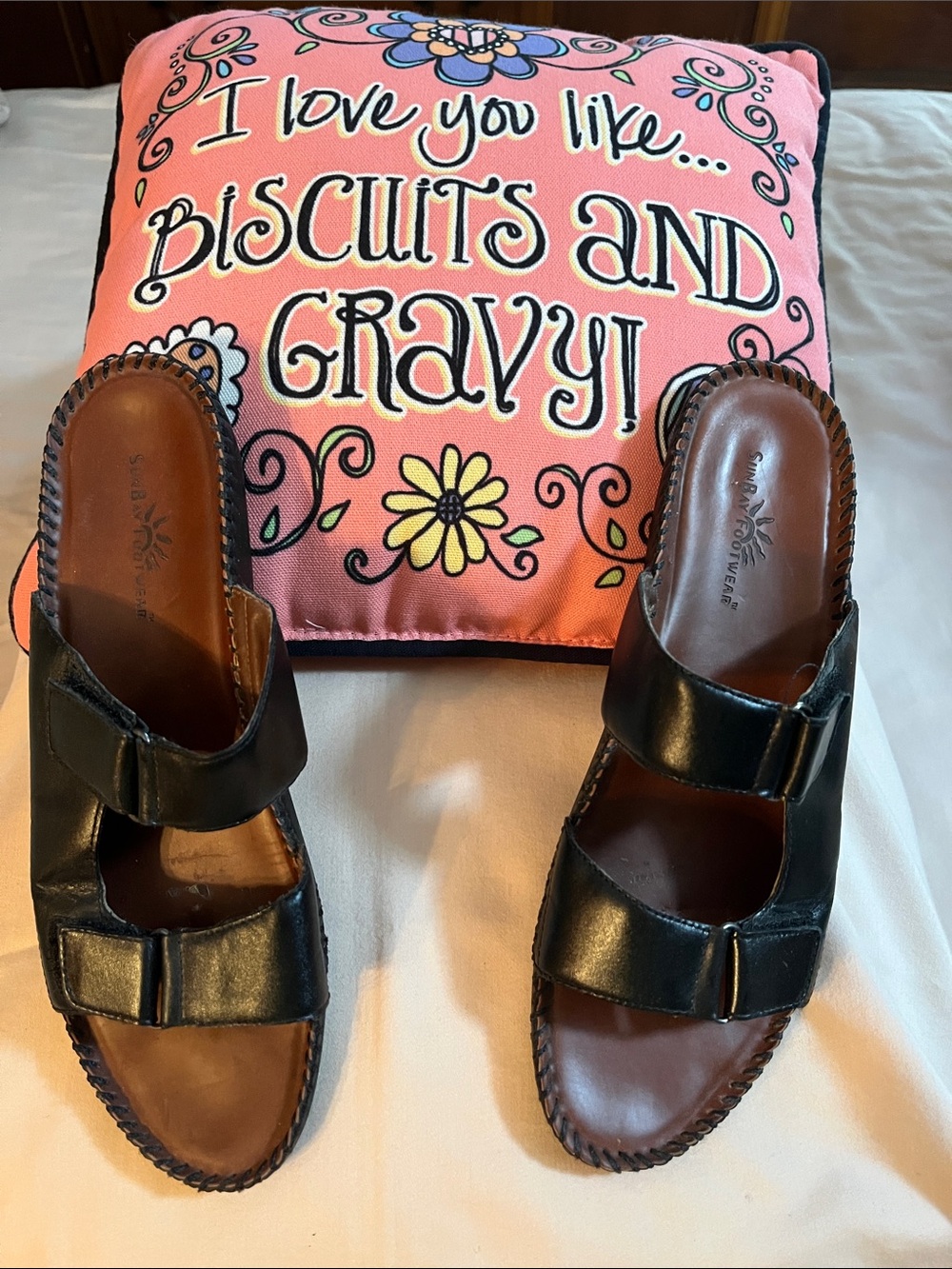 Ladies black and brown leather slides with velcro closures